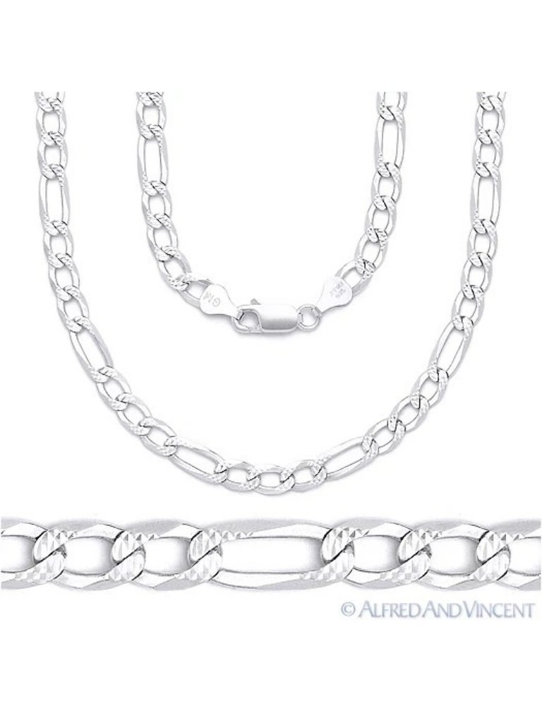 5mm Figaro / Figaroa D-Cut Pave Link Chain Necklace In .925 Sterling Silver 28"